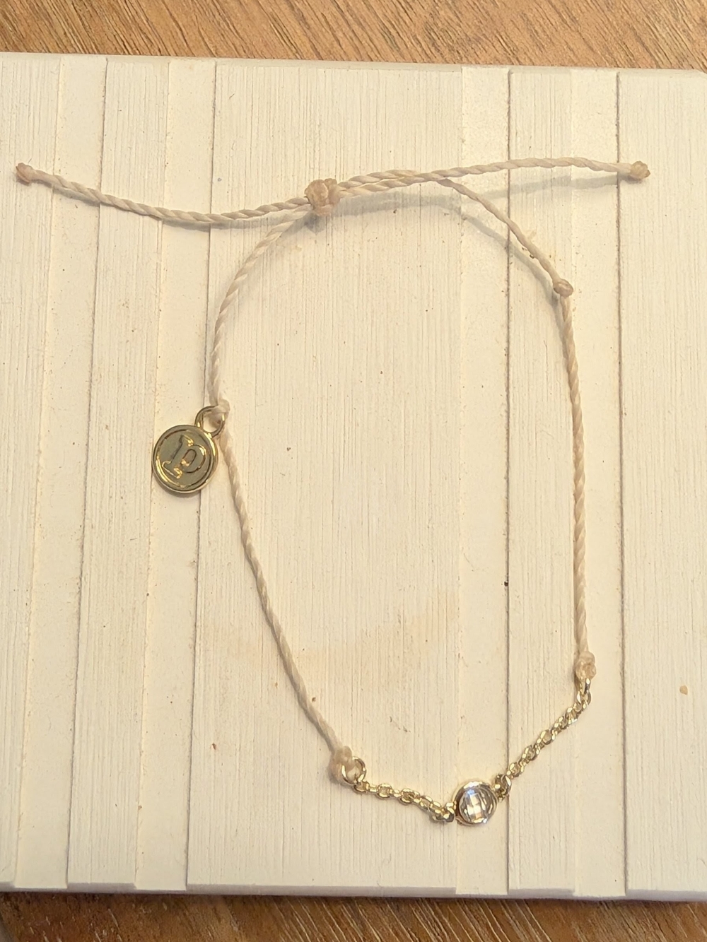 Pura Vida Cream Cord Bracelet with Silver Chain and Clear Stone